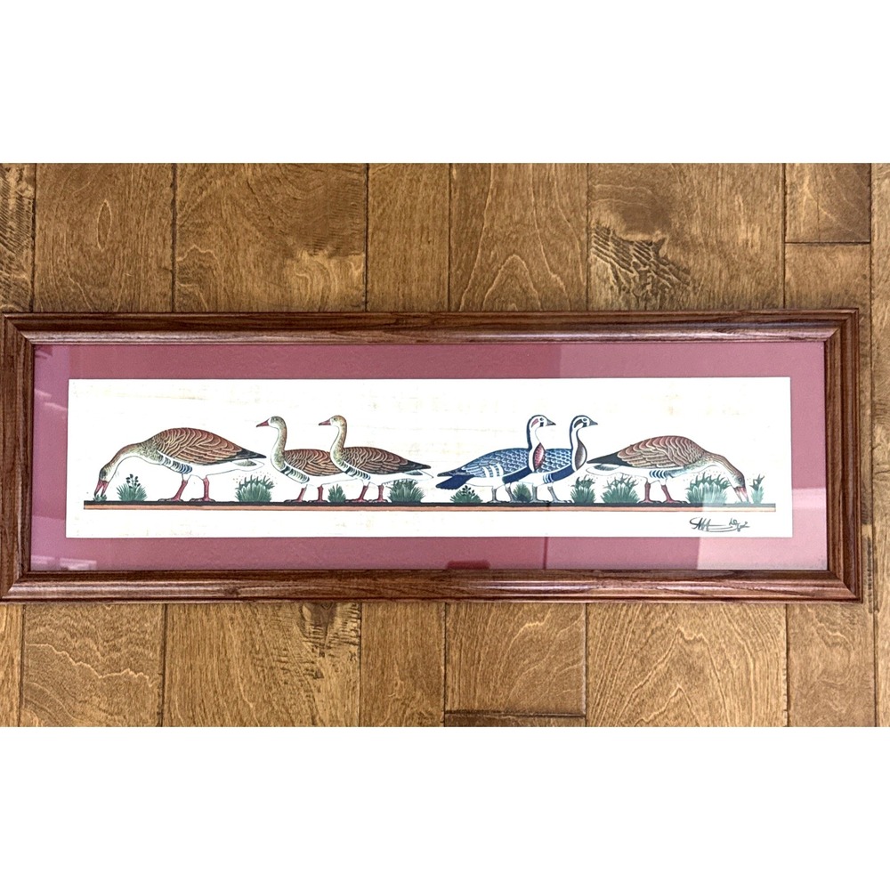 Vintage Meidum Geese Framed Art Egyptian Papyrus Bird Wall Decor 30 x 10 Signed